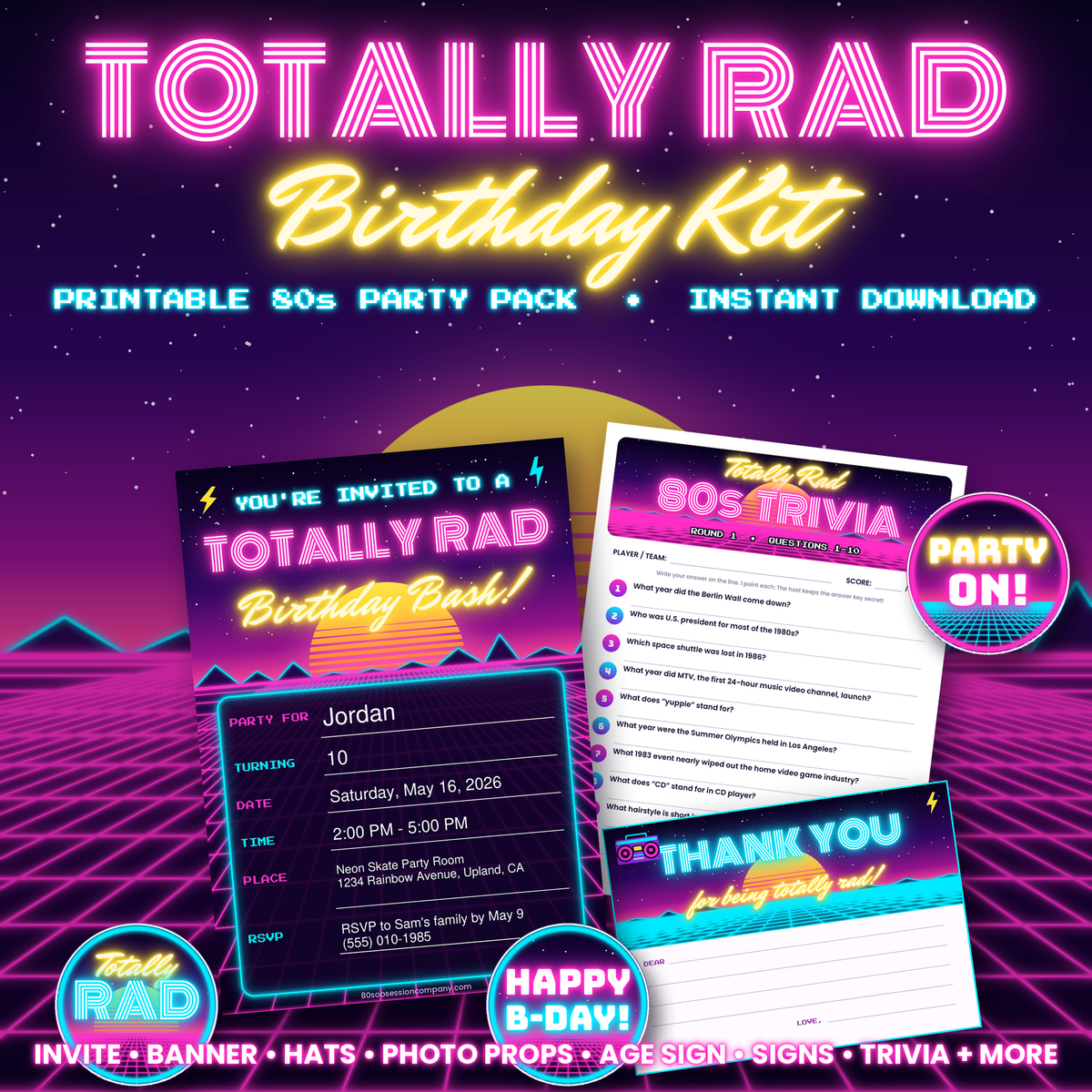 80s birthday party printables kit with neon synthwave invitation, trivia game and cupcake toppers