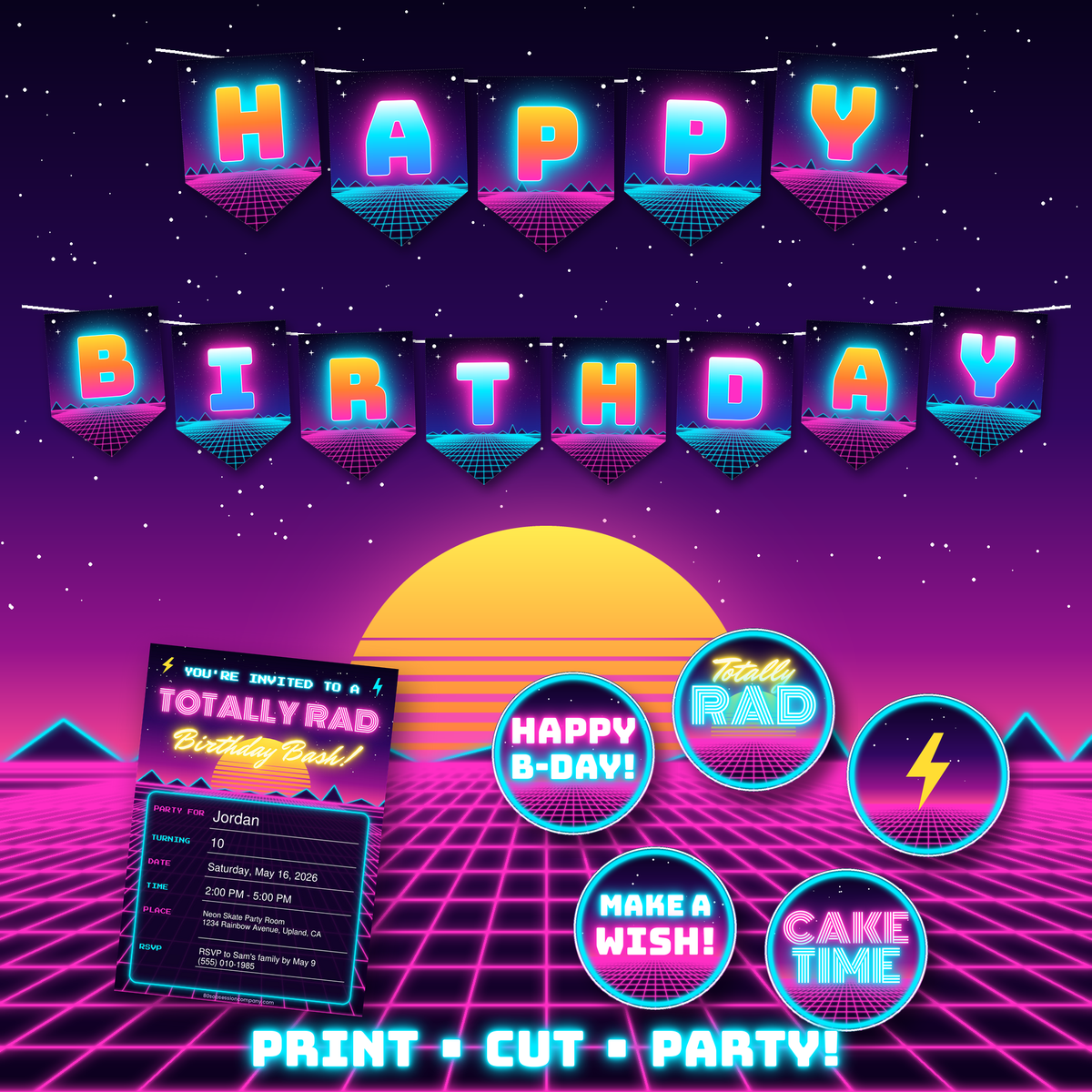 80s Happy Birthday banner and cupcake toppers printable