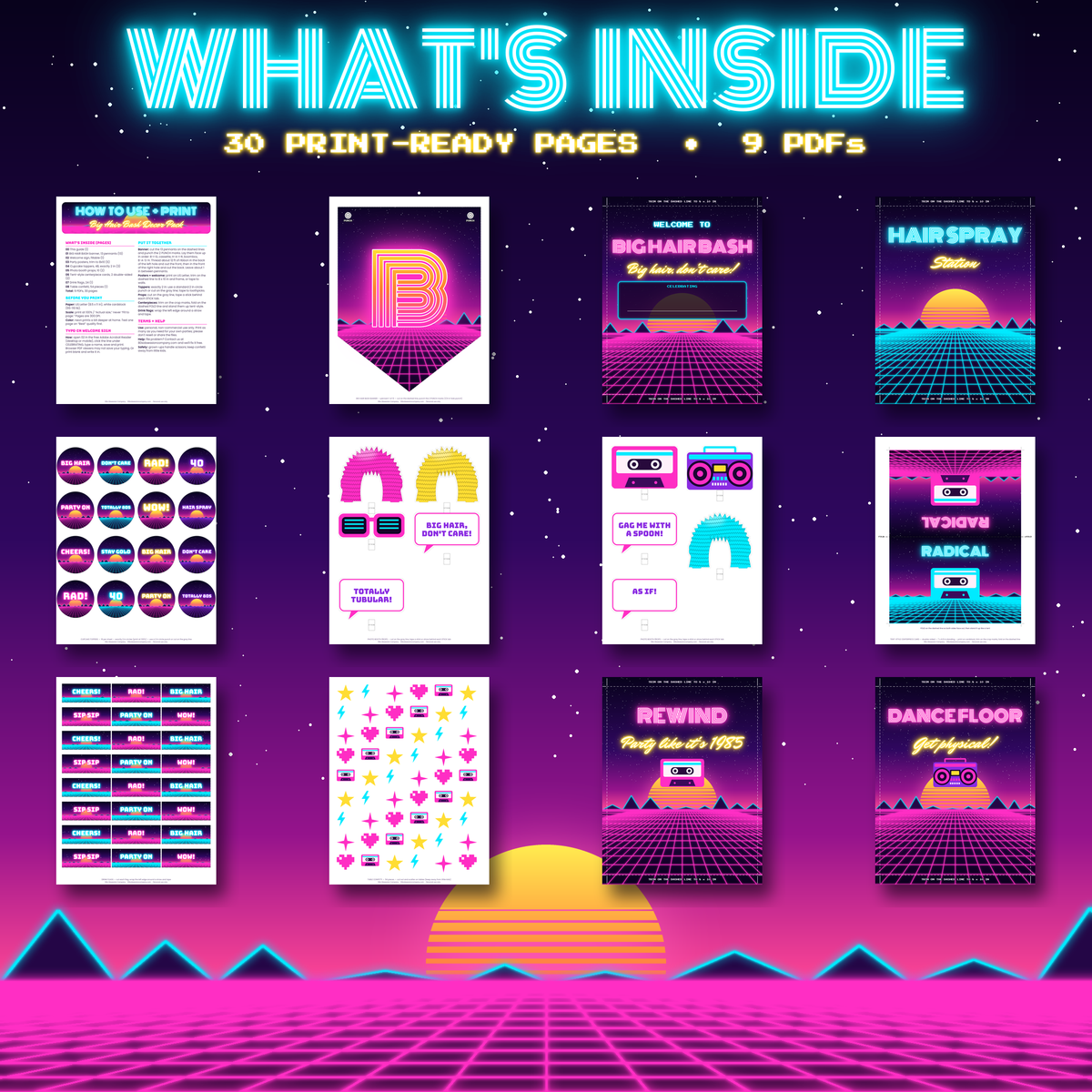 What's inside the 80s party decor pack: 30 printable pages