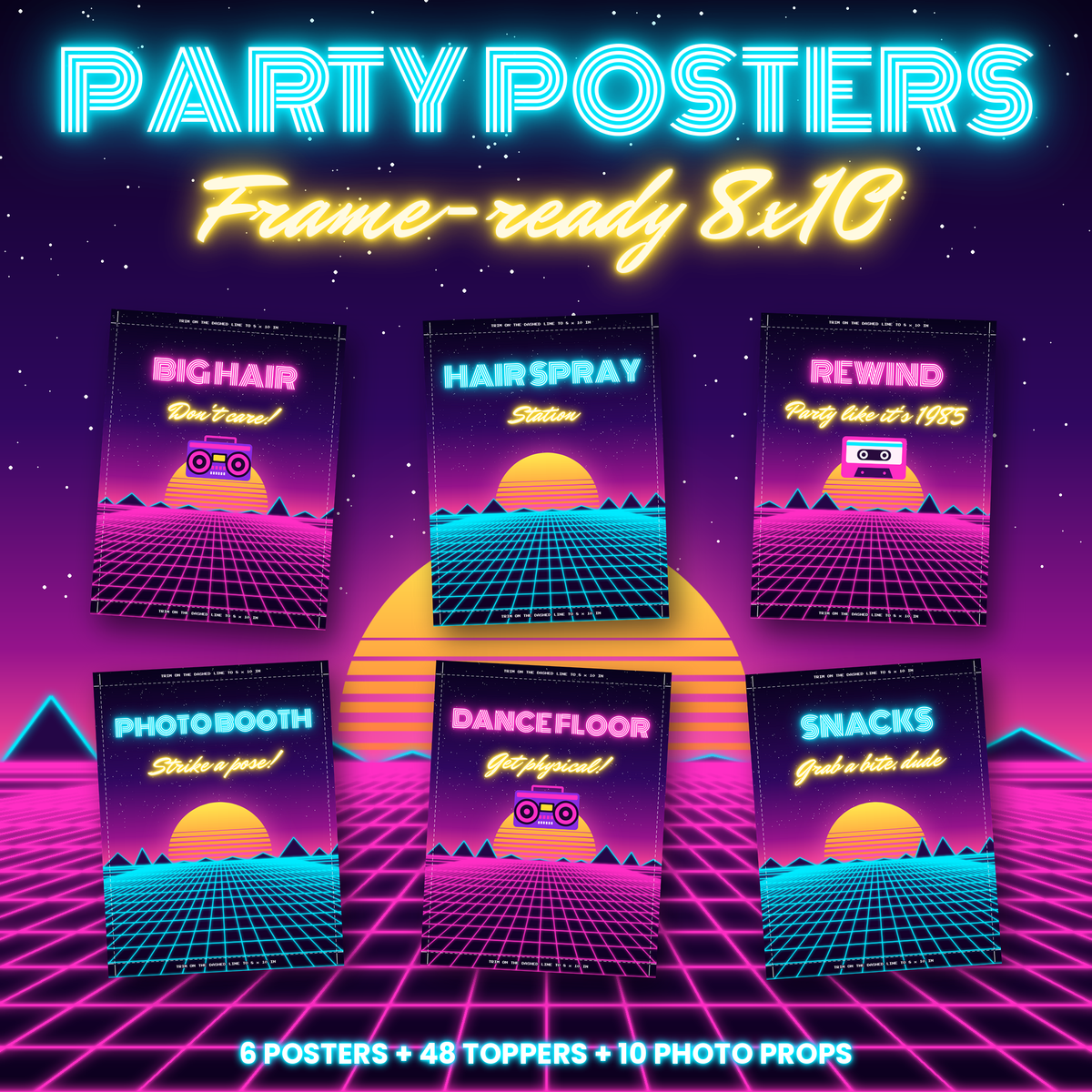Six neon synthwave 80s party posters that print on US Letter and trim to fit 8x10 frames