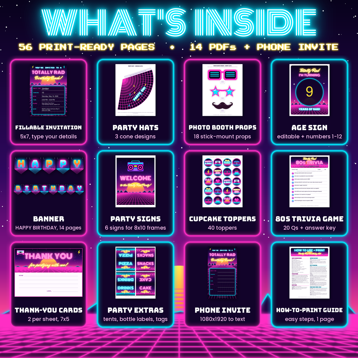 What's inside the 80s party printable bundle: 56 pages including banner, hats, props, signs and party extras