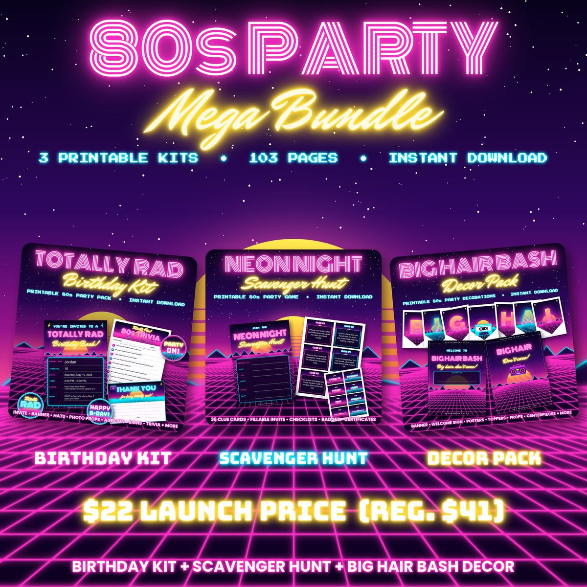 80s party printables mega bundle: birthday kit, neon scavenger hunt and Big Hair Bash decor pack covers side by side