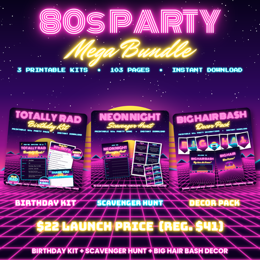 80s party printables mega bundle: birthday kit, neon scavenger hunt and Big Hair Bash decor pack covers side by side