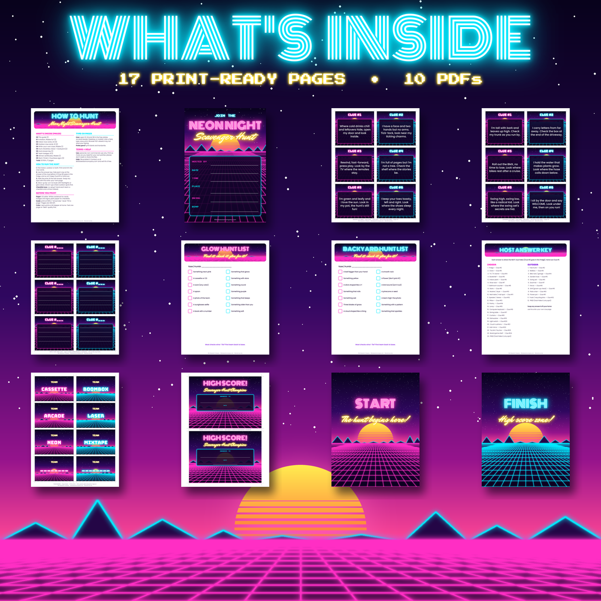 What's inside the 80s scavenger hunt kit: 17 printable pages