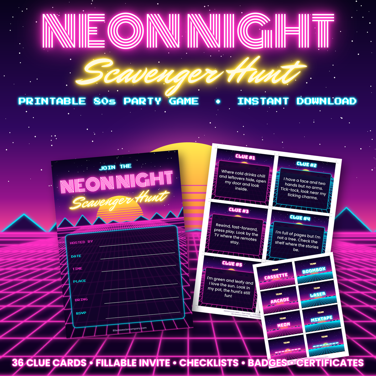 80s scavenger hunt printable party game with neon synthwave clue cards, invitation and team badges