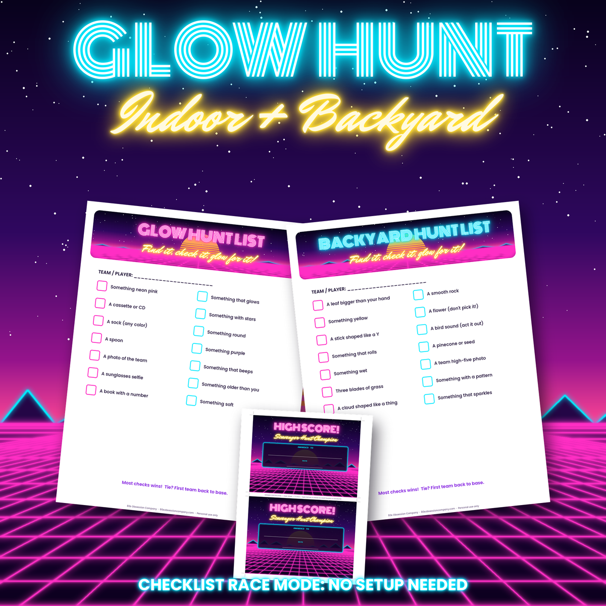 GLOW HUNT LIST and BACKYARD HUNT LIST scavenger hunt checklists plus winner certificates